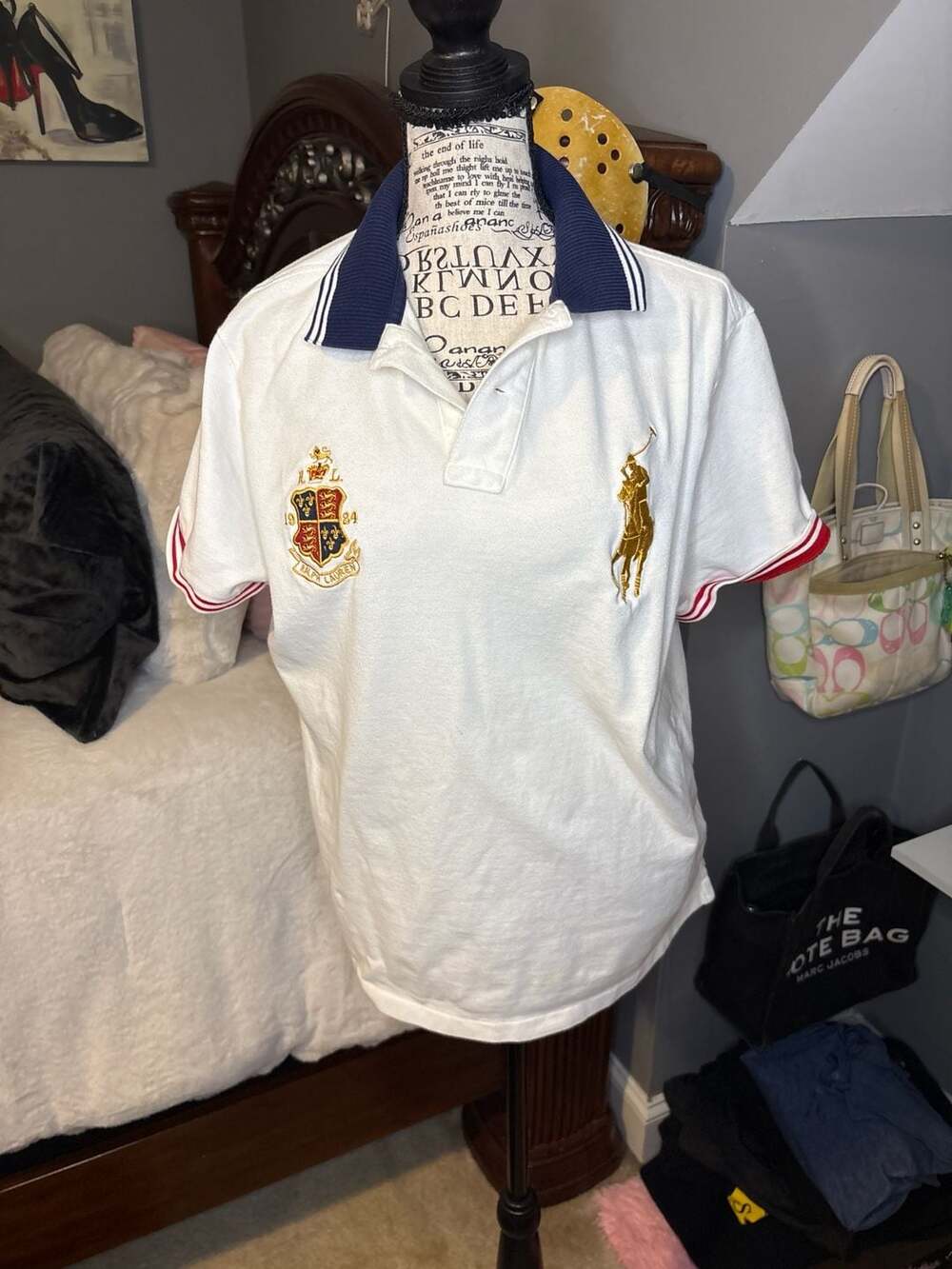 VTG Polo Ralph Lauren Men's White Custom Slim Fit Big Pony Gold Crest Mes Shirt